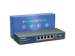 7 Port 2.5G Unmanaged Ethernet Switch, 5 x 2.5G Base-T Ports, 2 x 10G SFP, Compatible with 100/1000/2500Mbps, VLAN, Fanless, Desktop/Wall Mount YuanLey 2.5Gbe Network Switch for Wireless AP, NAS, PC 7 Port 2.5G Unmanaged Ethernet Switch, 5 x 2.5G Base-T Ports, 2 x 10G SFP, Compatible with 100/1000/2500Mbps, VLAN, Fanless, Desktop/Wall Mount YuanLey 2.5Gbe Network Switch for Wireless AP, NAS, PC