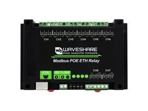 Waveshare 8-Ch Ethernet Relay Module, Modbus RTU/Modbus TCP Protocol, PoE Port Communication, with Various Isolation and Protection Circuits, Industrial Grade Rail-Mount Case Waveshare 8-Ch Ethernet Relay Module, Modbus RTU/Modbus TCP Protocol, PoE Port Communication, with Various Isolation and Protection Circuits, Industrial Grade Rail-Mount Case