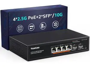 YuanLey 6 Port 2.5G PoE Switch Unmanaged, 4 x 2.5G Base-T PoE Ports, 2 x 10G SFP, IEEE802.3af/at, 78W, Compatible with 100/1000/2500Mbps, Metal Fanless, VLAN, Desktop/Wall Mount 2.5Gbe Network Switch YuanLey 6 Port 2.5G PoE Switch Unmanaged, 4 x 2.5G Base-T PoE Ports, 2 x 10G SFP, IEEE802.3af/at, 78W, Compatible with 100/1000/2500Mbps, Metal Fanless, VLAN, Desktop/Wall Mount 2.5Gbe Network Switch