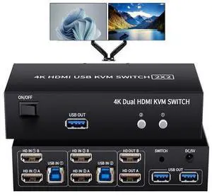 LUKFOCAB 2 HDMI Port KVM Switch Dual Monitor with 3 USB 3.0 Ports, HDMI KVM Switch for 2 Monitors 2 Computers, Support 4K@60Hz Copy Extended Splicing Display, Button Controller & 2 USB Cables Included LUKFOCAB 2 HDMI Port KVM Switch Dual Monitor with 3 USB 3.0 Ports, HDMI KVM Switch for 2 Monitors 2 Computers, Support 4K@60Hz Copy Extended Splicing Display, Button Controller & 2 USB Cables Included