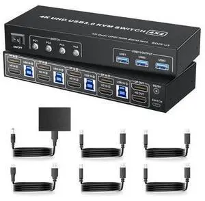 LUKFOCAB DisplayPort KVM Switch Box for 4 Computers Share 2 Monitors, DP KVM Switch with 3 USB 3.0 Ports, Support 4K@60Hz Copy Extended Splicing Display, Button Controller & 4 USB Cables Included LUKFOCAB DisplayPort KVM Switch Box for 4 Computers Share 2 Monitors, DP KVM Switch with 3 USB 3.0 Ports, Support 4K@60Hz Copy Extended Splicing Display, Button Controller & 4 USB Cables Included