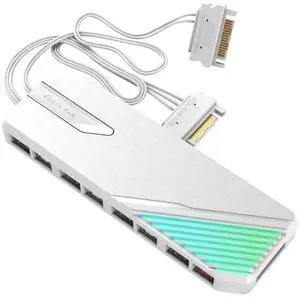 FH01 8-Port ARGB PWM Fan Hub with Remote, Dual SATA Cables, White FH01 8-Port ARGB PWM Fan Hub with Remote, Dual SATA Cables, White