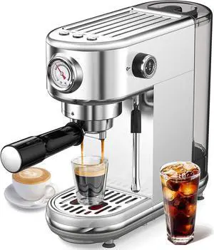 Espresso Machine with Milk Frother, 20 Bar Pressure Espresso Maker, with 44OZ Removable Tank, Compact Stainless Steel Coffee Machine for Home, Office, Latte, Cappuccino, Macchiato, Silver Espresso Machine with Milk Frother, 20 Bar Pressure Espresso Maker, with 44OZ Removable Tank, Compact Stainless Steel Coffee Machine for Home, Office, Latte, Cappuccino, Macchiato, Silver