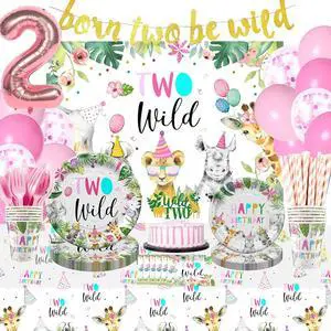 Two Wild Birthday Decorations Dinnerware For Girl, Jungle Safari Theme 2nd Birthday Party Supplies Include Plate, Cup, Napkin, Backdrop, Banner, Tablecloth, Balloon, Cutlery, Topper | Serve 24 Two Wild Birthday Decorations Dinnerware For Girl, Jungle Safari Theme 2nd Birthday Party Supplies Include Plate, Cup, Napkin, Backdrop, Banner, Tablecloth, Balloon, Cutlery, Topper | Serve 24