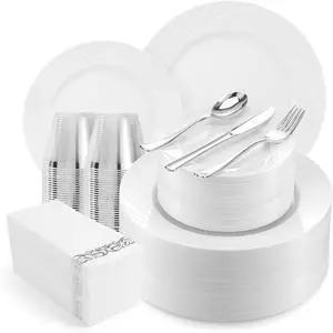 700-Piece White Swirls Plastic Dinnerware Set for 100 Guests, Elegant Disposable Dinnerware for Party, Wedding. Includes 10.25" Dinner Plates, 6.5" Dessert Plates, Silverware, Napkins, Cups 700-Piece White Swirls Plastic Dinnerware Set for 100 Guests, Elegant Disposable Dinnerware for Party, Wedding. Includes 10.25" Dinner Plates, 6.5" Dessert Plates, Silverware, Napkins, Cups