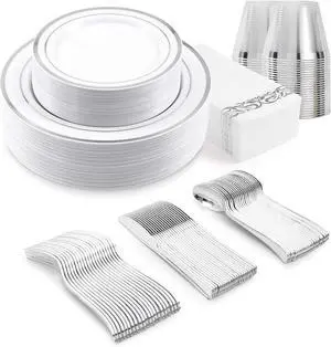 350-Piece Silver Rim Plastic Dinnerware Set for 50 Guests, Elegant Disposable Dinnerware for Party, Wedding, Includes Dinner Plates, Dessert Plates, Silverware, Napkins, Cups 350-Piece Silver Rim Plastic Dinnerware Set for 50 Guests, Elegant Disposable Dinnerware for Party, Wedding, Includes Dinner Plates, Dessert Plates, Silverware, Napkins, Cups