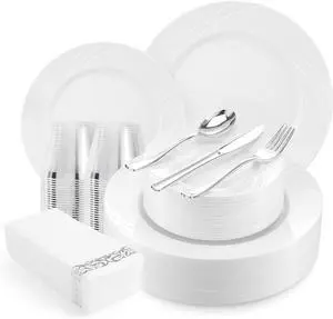 350-Piece White Swirls Plastic Dinnerware Set for 50 Guests, Elegant Disposable Dinnerware for Party, Wedding. Includes 10.25" Dinner Plates, 6.5" Dessert Plates, Silverware, Napkins, Cups 350-Piece White Swirls Plastic Dinnerware Set for 50 Guests, Elegant Disposable Dinnerware for Party, Wedding. Includes 10.25" Dinner Plates, 6.5" Dessert Plates, Silverware, Napkins, Cups