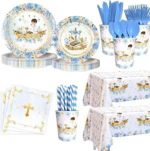 AIBIIN 194 Pcs Mi Primera Comunion Baptism Party Decorations for Boy Blue First Holy Communion Party Supplies God Bless Disposable Tableware Set with Plates Napkins Cups Tablecloth Serves 24 AIBIIN 194 Pcs Mi Primera Comunion Baptism Party Decorations for Boy Blue First Holy Communion Party Supplies God Bless Disposable Tableware Set with Plates Napkins Cups Tablecloth Serves 24