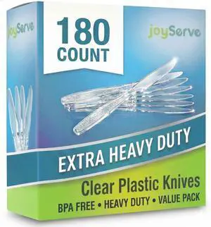 JoyServe Clear Plastic Knives Heavy Duty, Heat Resistant Party Utensils BPA-Free Heavy Duty Plastic Knives Disposable Silverware Cutlery, Catering Dinner Party Supplies - Bulk Knife Pack 180 JoyServe Clear Plastic Knives Heavy Duty, Heat Resistant Party Utensils BPA-Free Heavy Duty Plastic Knives Disposable Silverware Cutlery, Catering Dinner Party Supplies - Bulk Knife Pack 180