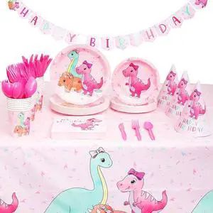 195-Piece Pink Baby Girl Dinosaur Birthday Party Supplies with Plates, Napkins, Cups, Cutlery, Banner, Hats, Table Covers (Serves 24) - Pastel Pink Dinosaur Party Decorations 195-Piece Pink Baby Girl Dinosaur Birthday Party Supplies with Plates, Napkins, Cups, Cutlery, Banner, Hats, Table Covers (Serves 24) - Pastel Pink Dinosaur Party Decorations