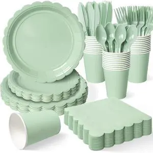Vyntra 350 Pcs Sage Green Birthday Paper Plates and Napkins Set for 50 Guests, Disposable Party Supplies with Cups and Cutlery Vyntra 350 Pcs Sage Green Birthday Paper Plates and Napkins Set for 50 Guests, Disposable Party Supplies with Cups and Cutlery