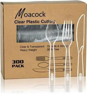 MOACOCK 300 Count Clear Plastic Silverware, Heavy Weight Plastic Forks Spoons Knives Disposable Utensils Cutlery Set for Wedding Party Supplies Everyday Use MOACOCK 300 Count Clear Plastic Silverware, Heavy Weight Plastic Forks Spoons Knives Disposable Utensils Cutlery Set for Wedding Party Supplies Everyday Use
