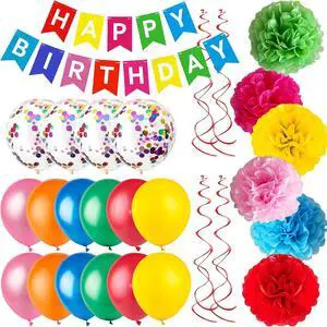 Colorful Birthday Party Decorations Kit - Happy Birthday Banner, Spiral CharmPaper Flower Ball, Multicolor Latex Balloon and Colorful Confetti Balloons for Boys and Girls Colorful Birthday Party Decorations Kit - Happy Birthday Banner, Spiral CharmPaper Flower Ball, Multicolor Latex Balloon and Colorful Confetti Balloons for Boys and Girls