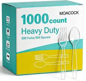 MOACOCK 1000 Count Plastic Silverware, Heavy Weight Plastic Forks Spoons Disposable Utensils Cutlery Set for Wedding Party Supplies Everyday Use MOACOCK 1000 Count Plastic Silverware, Heavy Weight Plastic Forks Spoons Disposable Utensils Cutlery Set for Wedding Party Supplies Everyday Use
