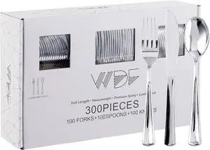 WDF 300 Pieces Silver Plastic Silverware - Plastic Silverware Heavy Duty - 100 Forks 100 Knives 100 Spoons - Disposable Silver Cutlery Perfect for Party/Wedding/Christmas WDF 300 Pieces Silver Plastic Silverware - Plastic Silverware Heavy Duty - 100 Forks 100 Knives 100 Spoons - Disposable Silver Cutlery Perfect for Party/Wedding/Christmas