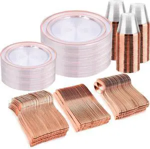 bUCLA 300PCS Rose Gold Plastic Dinnerware - Clear Dinnerware Set Disposable Include 50 Dinner Plates,50 Dessert Plates,50 Knives,50 Forks,50 Spoons,50 Cups for Party & Wedding bUCLA 300PCS Rose Gold Plastic Dinnerware - Clear Dinnerware Set Disposable Include 50 Dinner Plates,50 Dessert Plates,50 Knives,50 Forks,50 Spoons,50 Cups for Party & Wedding