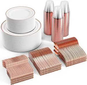 FOCUSLINE 600 Ct Rose Gold Dinnerware Set for 100 Guests - Rose Gold Rimmed Disposable Plastic Plates, Includes 100 Dinner & Salad Plates, Cups, Cutlery Set for Wedding Parties FOCUSLINE 600 Ct Rose Gold Dinnerware Set for 100 Guests - Rose Gold Rimmed Disposable Plastic Plates, Includes 100 Dinner & Salad Plates, Cups, Cutlery Set for Wedding Parties