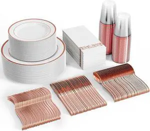 FOCUSLINE 350 Ct Disposable Dinnerware Set for 50 Guests -Heavy Duty Plastic Plates with Rose Gold Rim, Includes 50 Dinner & Salad Plates, Cups, Napkins, Cutlery Set FOCUSLINE 350 Ct Disposable Dinnerware Set for 50 Guests -Heavy Duty Plastic Plates with Rose Gold Rim, Includes 50 Dinner & Salad Plates, Cups, Napkins, Cutlery Set