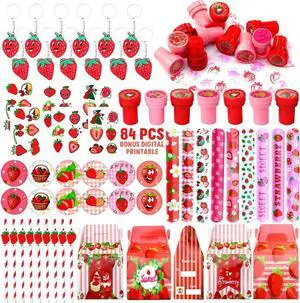 Strawberry Party Favor 84 PCS Sweet Berry Slap Treat Box Bracelets DIY Stickers Stampers Keychain Paper Straws Gift Rewards for Kids Girls Birthday Supply Strawberry Party Favor 84 PCS Sweet Berry Slap Treat Box Bracelets DIY Stickers Stampers Keychain Paper Straws Gift Rewards for Kids Girls Birthday Supply