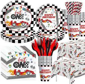 Xigejob Race Car 1st Birthday Party Supplies - Race Car Theme Fast One Birthday Decorations Tableware, Paper Plate, Napkin, Cup, Tablecloth, Disposable Cutlery | Serves 24 Xigejob Race Car 1st Birthday Party Supplies - Race Car Theme Fast One Birthday Decorations Tableware, Paper Plate, Napkin, Cup, Tablecloth, Disposable Cutlery | Serves 24