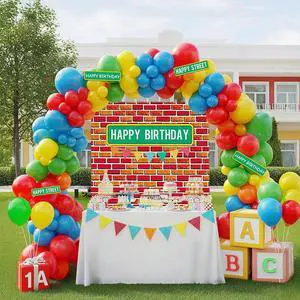 Sesame Friends Birthday Party decorations 140Pcs Cartoon Theme primary color Balloon Garland Kit with red brick wall Backdrop and birthday sticker for Boys Girls Sesame Theme kids Party supplies Sesame Friends Birthday Party decorations 140Pcs Cartoon Theme primary color Balloon Garland Kit with red brick wall Backdrop and birthday sticker for Boys Girls Sesame Theme kids Party supplies