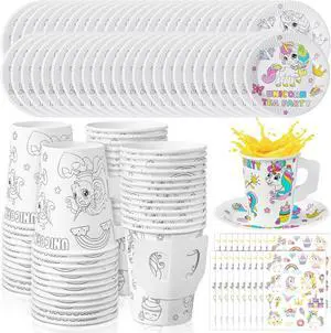 Lenwen 24 Set Color Your Own Tea Party Cups with Handle, DIY Coloring 8 oz Treat Paper Cups and Plates Snack Dessert Ice Cream Teacup Includes Stickers for Party, Decoration and Crafts (Unicorn) Lenwen 24 Set Color Your Own Tea Party Cups with Handle, DIY Coloring 8 oz Treat Paper Cups and Plates Snack Dessert Ice Cream Teacup Includes Stickers for Party, Decoration and Crafts (Unicorn)