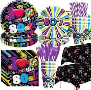 80's Party Decorations Tableware - 80's Theme Party Supplies Include Paper Plate, Cups, Napkins, Tablecloth, Cutlery, Straws, 80s Birthday Party Decorations and Supplies Dinnerware | Serve 24 80's Party Decorations Tableware - 80's Theme Party Supplies Include Paper Plate, Cups, Napkins, Tablecloth, Cutlery, Straws, 80s Birthday Party Decorations and Supplies Dinnerware | Serve 24