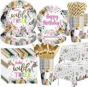 APOWBLS Young Wild And Three Decorations Girl Dinnerware, Safari 3rd Birthday Party Supplies, Plate, Cup, Napkin, Tablecloth, Cutlery, Straw, Animal Jungle 3 Year Old Birthday Decorations | Serves 24 APOWBLS Young Wild And Three Decorations Girl Dinnerware, Safari 3rd Birthday Party Supplies, Plate, Cup, Napkin, Tablecloth, Cutlery, Straw, Animal Jungle 3 Year Old Birthday Decorations | Serves 24
