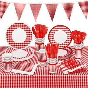 durony 146 Piece Red and White Plaid Gingham Party Supplies Tableware Set Disposable Paper Plates Napkins Cups Cutlery Spoons Tablecloth Banner for Picnic Decorations Birthday Party Family Dinner durony 146 Piece Red and White Plaid Gingham Party Supplies Tableware Set Disposable Paper Plates Napkins Cups Cutlery Spoons Tablecloth Banner for Picnic Decorations Birthday Party Family Dinner