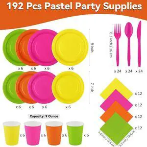 durony 192 Pcs Neon Party Supplies Paper Plates Cups Napkins Hard Plastic Cutlery Forks Knives Spoons Disposable Glow Party Tableware for Fiesta Neon Birthday Party Favor Decorations Serves 24 Guests durony 192 Pcs Neon Party Supplies Paper Plates Cups Napkins Hard Plastic Cutlery Forks Knives Spoons Disposable Glow Party Tableware for Fiesta Neon Birthday Party Favor Decorations Serves 24 Guests