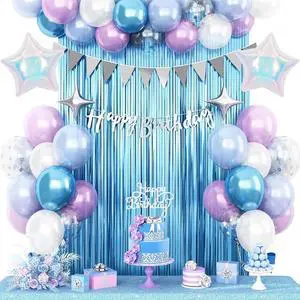Snow Birthday Decorations for Girl, Blue Purple White Balloons with Happy Birthday Banner Fringe Curtain Iridescent and Silver Star Foil Balloons for Baby Shower Girls Theme Party Supplies Snow Birthday Decorations for Girl, Blue Purple White Balloons with Happy Birthday Banner Fringe Curtain Iridescent and Silver Star Foil Balloons for Baby Shower Girls Theme Party Supplies