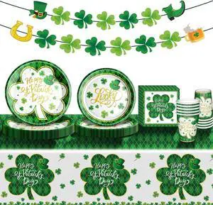 St. Patrick's Day Party Supplies Tableware Set Irish Themed Tableware with Lucky Shamrock Paper Plates Napkins Cups Tablecloth Banner for St. Patrick's Day Party Decorations, Serves 24 St. Patrick's Day Party Supplies Tableware Set Irish Themed Tableware with Lucky Shamrock Paper Plates Napkins Cups Tablecloth Banner for St. Patrick's Day Party Decorations, Serves 24
