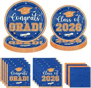 Orange and Blue Graduation Decorations, 200pcs Orange Graduation Plates and Napkins Class of 2026 Plates for Graduation Party Supplies,Serve 50 Orange and Blue Graduation Decorations, 200pcs Orange Graduation Plates and Napkins Class of 2026 Plates for Graduation Party Supplies,Serve 50
