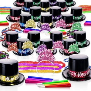 Colorful Metallic New Years Eve 2026 Party Kit for 50 Guests, Metallic 125 pieces  Black Top Hats, Colorful Tiaras, Horns, Leis & Beaded Necklaces Happy New Year Bulk Supplies