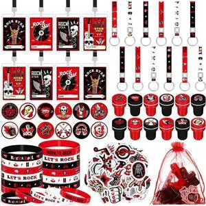 Blosssound 122 Pcs Rock and Roll Party Favors with Rock Star Silicone Bracelets VIP Pass Badges Stampers Keychains Stickers for 80s 90s Music Theme Birthday Baby Shower Party Supplies Decorations Blosssound 122 Pcs Rock and Roll Party Favors with Rock Star Silicone Bracelets VIP Pass Badges Stampers Keychains Stickers for 80s 90s Music Theme Birthday Baby Shower Party Supplies Decorations