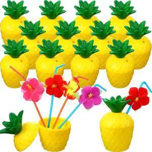CHENGU 24 Pieces Pineapple Cups Plastic Pineapple Drink Cups with Lids and Flower Straws for Hawaii Luau Party Tropical Fruit Themed Beach Party Supplies Decoration CHENGU 24 Pieces Pineapple Cups Plastic Pineapple Drink Cups with Lids and Flower Straws for Hawaii Luau Party Tropical Fruit Themed Beach Party Supplies Decoration