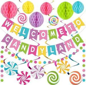 Pasimy Candy Land Party Decoration Welcome to Candy Land Banner with Colorful Honeycomb Balls Candyland Decor Garland Hanging Swirls Set Lollipop Paper Cutouts Dot for Birthday Party Supplies Pasimy Candy Land Party Decoration Welcome to Candy Land Banner with Colorful Honeycomb Balls Candyland Decor Garland Hanging Swirls Set Lollipop Paper Cutouts Dot for Birthday Party Supplies