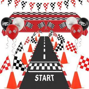 Race Car Party Decorations, Checkered Flag Party Supplies-12 Traffic Cones and 24 Racing Checkered Flags, 6.5Ft Racetrack Floor Runner and 9.8ft Banner, Tablecloth, Balloons and Ribbons Race Car Party Decorations, Checkered Flag Party Supplies-12 Traffic Cones and 24 Racing Checkered Flags, 6.5Ft Racetrack Floor Runner and 9.8ft Banner, Tablecloth, Balloons and Ribbons
