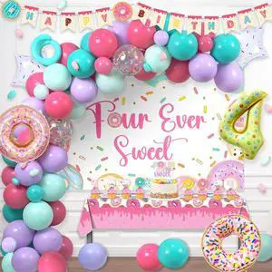 Four Ever Sweet Birthday Decorations 116 PCs Girl Donut 4th Birthday Party Supplies with Four Ever Sweet Backdrop, Pink Donut Tablecloth, Colorful Balloon Garland Arch, Cake Topper Four Ever Sweet Birthday Decorations 116 PCs Girl Donut 4th Birthday Party Supplies with Four Ever Sweet Backdrop, Pink Donut Tablecloth, Colorful Balloon Garland Arch, Cake Topper