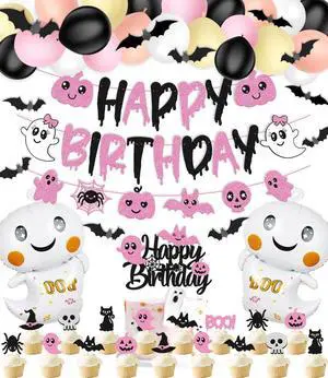 67 Pcs Halloween Birthday Decorations Pink Black Birthday Banner Cake Topper Cupcake decoration Bat Wall Stickers Halloween Theme Balloons Happy Bday Party Supplies 67 Pcs Halloween Birthday Decorations Pink Black Birthday Banner Cake Topper Cupcake decoration Bat Wall Stickers Halloween Theme Balloons Happy Bday Party Supplies