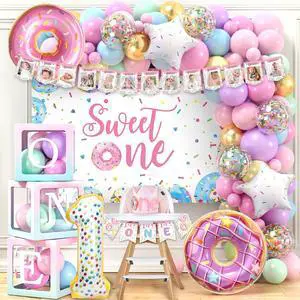 SNLN Sweet One Birthday Party Decorations, First Birthday Decorations for Girl, Balloon Box Photo Banner Donut Foil Balloon Arch Backdrop Highchair Banner Crown, One Year Old 1st Party Supplies SNLN Sweet One Birthday Party Decorations, First Birthday Decorations for Girl, Balloon Box Photo Banner Donut Foil Balloon Arch Backdrop Highchair Banner Crown, One Year Old 1st Party Supplies