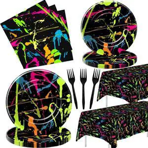 Neon Party Supplies Dinnerware, Neon Graffiti Theme Glow In The Dark Party Decorations Tableware for Birthday Baby Shower, Paper Plate, Napkin, Tablecloth, Fork | Serves 24 Neon Party Supplies Dinnerware, Neon Graffiti Theme Glow In The Dark Party Decorations Tableware for Birthday Baby Shower, Paper Plate, Napkin, Tablecloth, Fork | Serves 24