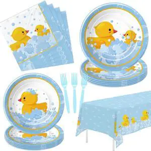 APOWBLS Rubber Duck Decorations Tableware - Bubble Bath Rubber Duck Party Supplies For Baby Shower Birthday, Paper Plate, Napkin, Tablecloth, Disposable Fork | Serves 24 APOWBLS Rubber Duck Decorations Tableware - Bubble Bath Rubber Duck Party Supplies For Baby Shower Birthday, Paper Plate, Napkin, Tablecloth, Disposable Fork | Serves 24