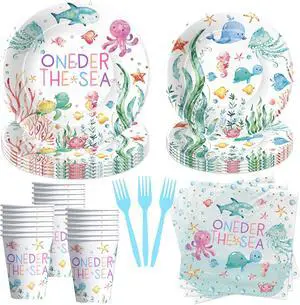 APOWBLS Under The Sea One Year Old Birthday Party Decorations Tableware, Ocean Oneder Sea 1st First Birthday Decorations Supplies, Paper Plate, Cup, Napkin, Fork | Serves 24 APOWBLS Under The Sea One Year Old Birthday Party Decorations Tableware, Ocean Oneder Sea 1st First Birthday Decorations Supplies, Paper Plate, Cup, Napkin, Fork | Serves 24