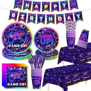 Srua Don Video Game Party Decorations - Game On Birthday Party Supplies, Paper Plate, Cup, Napkin, Tablecloth, Cutlery, Banner, Neon Glow Theme Video Gaming Level Up Birthday Decorations | Serve 24 Srua Don Video Game Party Decorations - Game On Birthday Party Supplies, Paper Plate, Cup, Napkin, Tablecloth, Cutlery, Banner, Neon Glow Theme Video Gaming Level Up Birthday Decorations | Serve 24