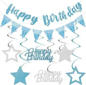 Sky Blue Silver Birthday Decorations for Boys Girls, Happy Birthday Banner for Men Women Stars Hanging Swirls Happy Bday Decoration Party Supplies Sign Sky Blue Silver Birthday Decorations for Boys Girls, Happy Birthday Banner for Men Women Stars Hanging Swirls Happy Bday Decoration Party Supplies Sign