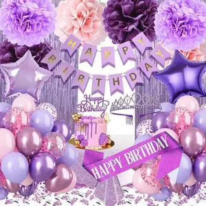 Birthday Decorations Set, Purple Party Decoration with Purple Balloons, Banner, Pom Poms, Fringe Curtain Background, Birthday Crown, Shoulder Strap for Girls Women Party Supplies Birthday Decorations Set, Purple Party Decoration with Purple Balloons, Banner, Pom Poms, Fringe Curtain Background, Birthday Crown, Shoulder Strap for Girls Women Party Supplies