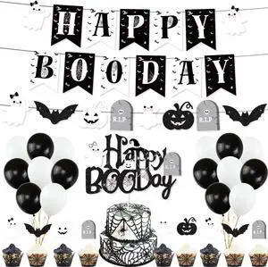 Halloween Birthday Party Decorations, White Black Halloween Happy Boo Day Banner Bat Ghost Cake Topper Balloons for Spooky Themed Birthday Party Supplies Happy Boo Day Decorations Halloween Birthday Party Decorations, White Black Halloween Happy Boo Day Banner Bat Ghost Cake Topper Balloons for Spooky Themed Birthday Party Supplies Happy Boo Day Decorations