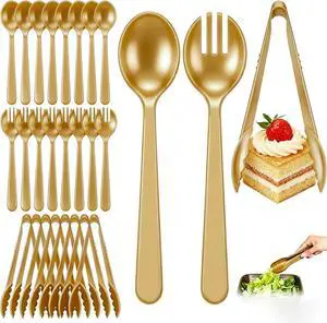 24 Pcs Gold Plastic Serving Utensils Set - Heavy Duty Disposable Serving Spoons, Forks & Tongs (8 of Each) - BPA-Free Catering Supplies for Buffets, Parties, Weddings & Events (9 Inch) 24 Pcs Gold Plastic Serving Utensils Set - Heavy Duty Disposable Serving Spoons, Forks & Tongs (8 of Each) - BPA-Free Catering Supplies for Buffets, Parties, Weddings & Events (9 Inch)