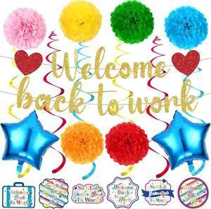15pcs Welcome Back to Work Decorations for Office Colorful So Glad You're Back To Work Banner Hanging Swirls Balloons Pompoms for Office Work Anniversary Decor for Home, Office Party Supplies 15pcs Welcome Back to Work Decorations for Office Colorful So Glad You're Back To Work Banner Hanging Swirls Balloons Pompoms for Office Work Anniversary Decor for Home, Office Party Supplies
